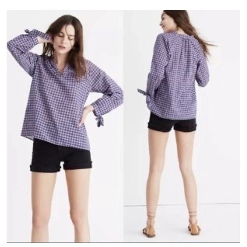 Madewell Tie Sleeve Popover Top Whitby Plaid Large Blue Red White Cotton Linen